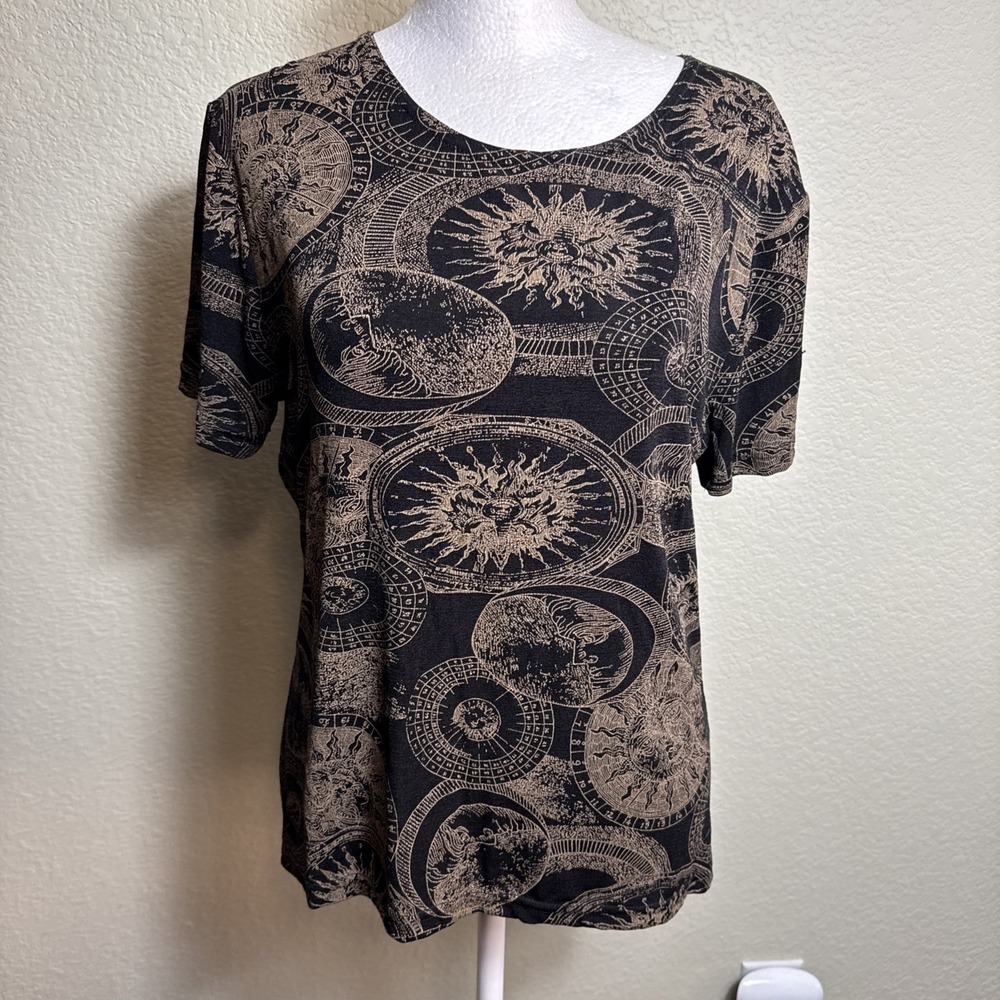 Frazier Lawrence Top Size‎ M Stretch Black Tan USA Short Sleeves 90s Whimsigoth